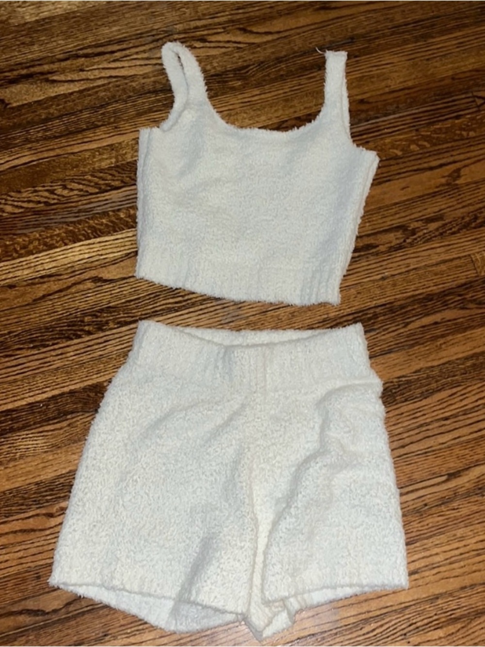 SKIMS Cream Sherpa Crop Tank and Shorts Set
